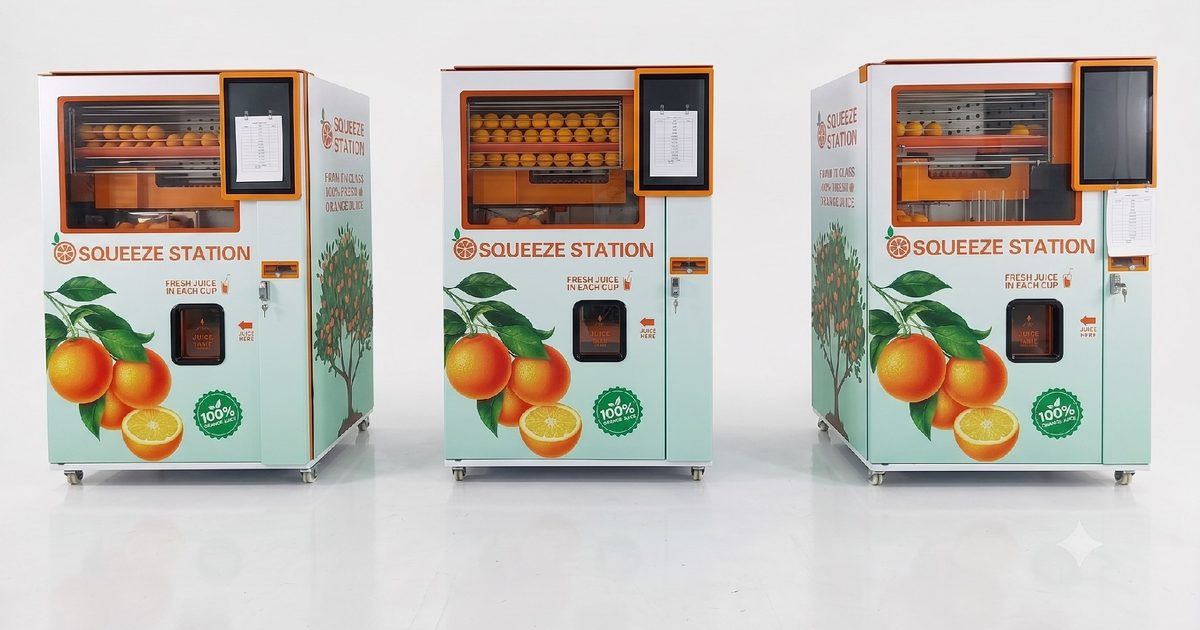 Three Squeeze Station fresh orange juice vending machines side by side