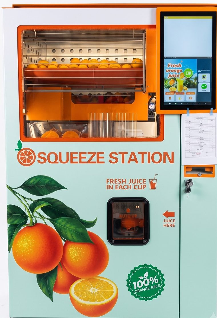 Front of a Squeeze Station vending machine with its juicing window, touchscreen and cup dispenser