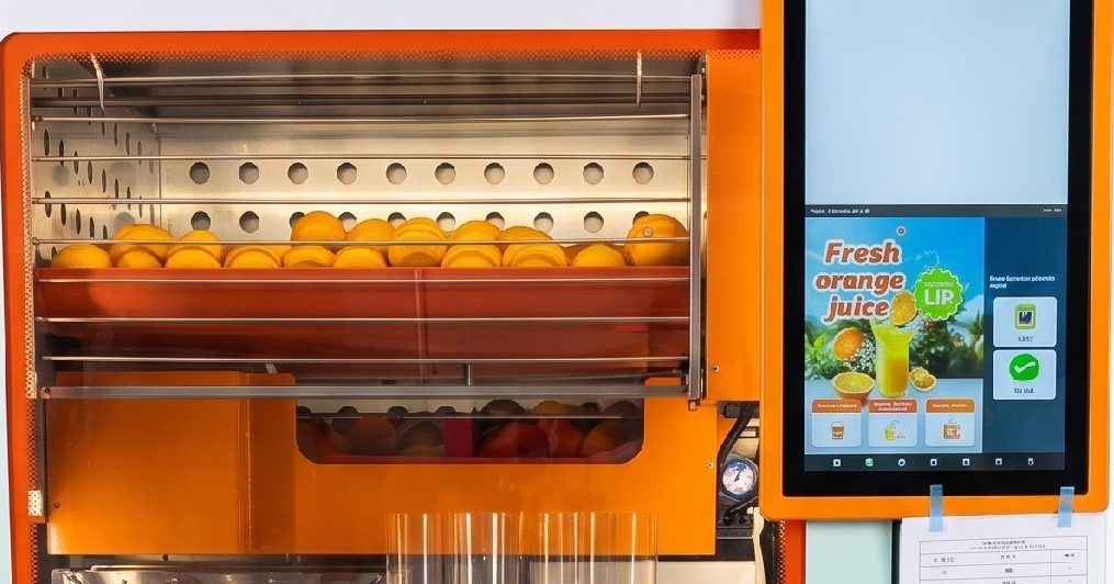 Whole oranges on the tray inside a Squeeze Station machine, next to its touchscreen